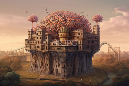 High Resolution: Enormous intricately detailed building multiple towers domes floating on tree roots grassy terrain pink trees entwined red vines download. | HRJPG.com