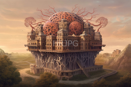 High Resolution: Intricately detailed floating city ornate buildings large spherical structures red tree-like patterns lush greenery mountainous terrain pink-orange sunset download. | HRJPG.com