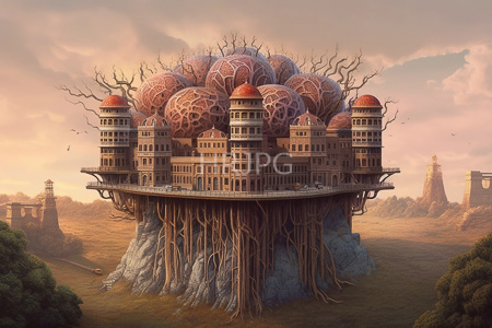 High Resolution: Enormous floating city intricate red-domed buildings extensive tree roots supporting it rocky terrain pastel sunset sky distant ruins download. | HRJPG.com