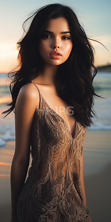 High Resolution: Attractive young woman long wavy black hair light brown skin standing on beach at sunset sheer lace dress download. | HRJPG.com