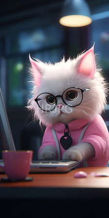 High Resolution: Adorable fluffy white kitten large black glasses pink inner ears wearing light-pink hoodie heart-shaped lock charm computer keyboard download. | HRJPG.com