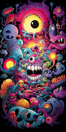 High Resolution: Vibrant illustration surreal style numerous colorful grotesque creatures exaggerated features large eyes sharp teeth tentacles appendages download. | HRJPG.com