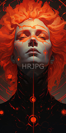 High Resolution: Androgynous figure fiery red wavy hair dark background eyes closed serene expression glowing orange lines resembling cracks high-collared black download. | HRJPG.com