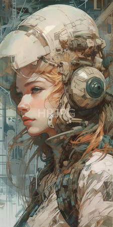 High Resolution: Androgynous fair-skinned young person light brown hair futuristic cybernetic headgear large green earpieces abstract mechanical patterns calm download. | HRJPG.com