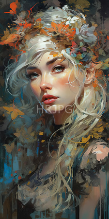 High Resolution: Ethereal fair-skinned woman flowing white hair vibrant autumn leaves flowers striking green eyes pink lips dark clothing download. | HRJPG.com
