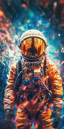 High Resolution: Astronaut full orange space suit reflective gold visor vibrant cosmic background blue pink nebulae-like patterns sparks fly download. | HRJPG.com