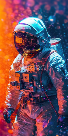 High Resolution: Astronaut full white space suit reflective visor vibrant orange purple cosmic background sparkling particles life support systems download. | HRJPG.com