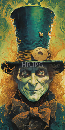 High Resolution: Old green-faced man exaggerated features curly orange hair tall teal top hat gold swirls bowtie patterned brown-orange download. | HRJPG.com