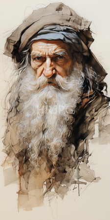 High Resolution: Realistic watercolor ink portrait elderly man deep wrinkles prominent nose full white curly beard brown hooded cloak gray headscarf download. | HRJPG.com
