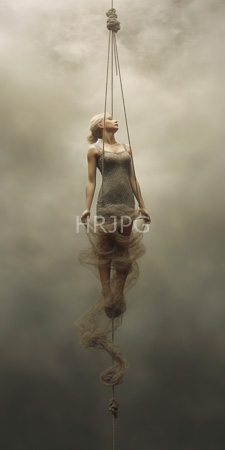 High Resolution: Ethereal blonde woman fair skin suspended thin ropes mid-air cloudy skies shimmering silver dress delicate net-like fabric water ripples download. | HRJPG.com