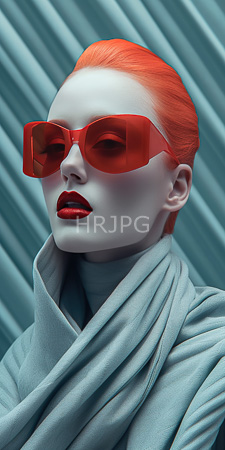 High Resolution: Androgynous model pale skin bright red lipstick vivid orange hair slicked back large square-shaped transparent pink-red sunglasses download. | HRJPG.com