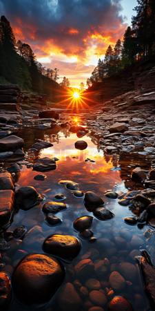 High Resolution: Rocky stream sunset large smooth stones clear water reflecting vibrant orange red sky dramatic clouds dark silhouetted trees download. | HRJPG.com