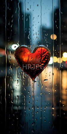 High Resolution: Rain-streaked glass window red heart-shaped sticker center water droplets textured effect blurred city lights reflections street lamps download. | HRJPG.com