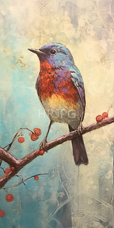 High Resolution: Detailed colorful painting iridescent bird perched on branch red berries textured background blending teal beige hues download. | HRJPG.com