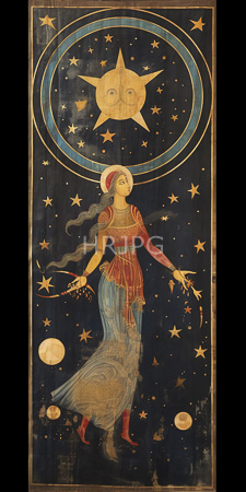High Resolution: Intricately detailed medieval-style painting celestial female figure dark blue starry background golden stars moons flowing hair red gold download. | HRJPG.com