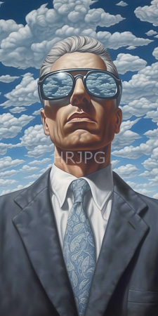 High Resolution: Elderly man silver hair dark sunglasses reflecting fluffy white clouds blue sky gray suit jacket light-blue patterned tie download. | HRJPG.com
