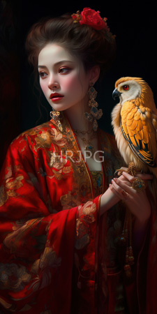 High Resolution: Elegant Asian woman pale skin red lipstick ornate gold-embroidered crimson kimono large floral patterns dark hair elaborate updo download. | HRJPG.com