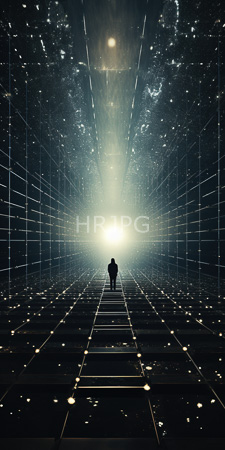 High Resolution: Individual silhouette standing center illuminated grid-patterned floor leading bright light source starry sky textures glowing lines dots download. | HRJPG.com