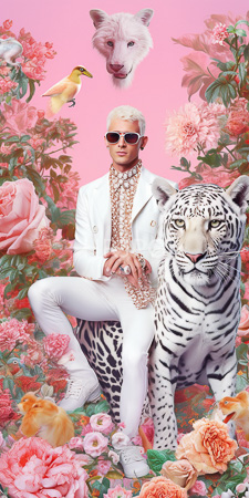 High Resolution: Androgynous silver-haired man light skin sunglasses white suit jacket pink patterned shirt pearl necklace seated standing leopard download. | HRJPG.com
