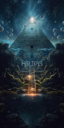 High Resolution: Ancient stone pyramid glowing light at its peak starry night sky floating planets celestial bodies narrow staircase red figure ascends download. | HRJPG.com