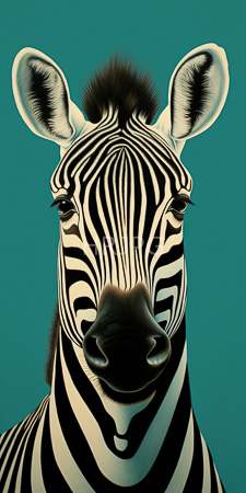 High Resolution: Black-and-white cartoon-style portrait anthropomorphic zebra striking black-and-white stripes large ears perked up teal background expressive eyes download. | HRJPG.com