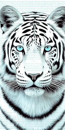 High Resolution: Albino tiger's face striking blue eyes black stripes on white fur text-filled background realistic style detailed textures monochrome palette download. | HRJPG.com