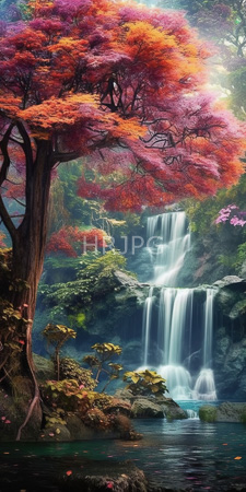 High Resolution: Enchanting forest scene vibrant pink orange autumn foliage tall trees cascading waterfall misty spray rocky cliffs serene pond download. | HRJPG.com