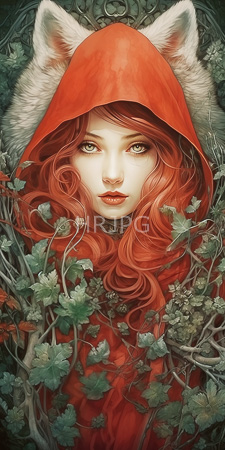 High Resolution: Ethereal woman red wavy hair green eyes fair skin vivid orange hooded cloak white fox ears lush vine leaves download. | HRJPG.com