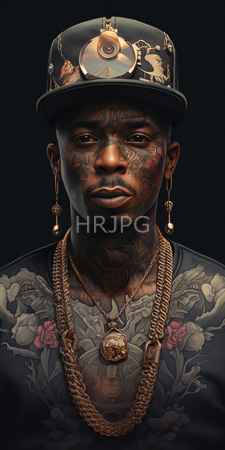 High Resolution: African-American man dark skin extensive tattoos gold chains large pendant floral designs pink roses tattooed across shoulders black cap download. | HRJPG.com