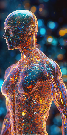 High Resolution: Translucent humanoid figure visible internal structures glowing orange-blue patterns inside its body blurred bokeh background dark blue hues download. | HRJPG.com