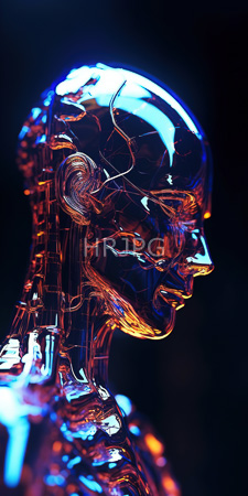 High Resolution: Abstract metallic human head profile view vibrant blue orange reflections dark background intricate wireframe structure visible inside skull download. | HRJPG.com