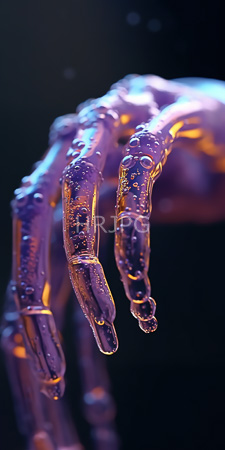 High Resolution: Abstract translucent purple hand droplets bubbles surface illuminated by warm orange light dark background fingers curled mid-motion download. | HRJPG.com