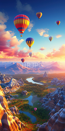 High Resolution: Vibrant hot air balloons various colors floating over rugged mountains valleys at sunset colorful clouds winding river forested areas download. | HRJPG.com