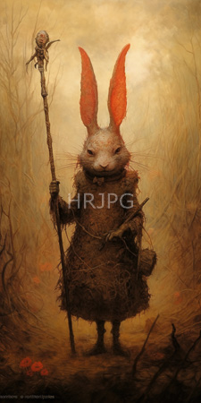 High Resolution: Anthropomorphic rabbit large vivid red ears white fur standing foggy forest path holding staff small skull ornament tattered brown robes download. | HRJPG.com