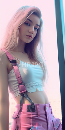 High Resolution: Young woman long pastel pink hair fair skin standing near large window white crop top purple overalls black straps download. | HRJPG.com
