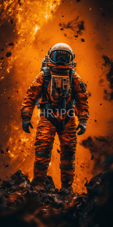 High Resolution: Astronaut orange textured space suit standing rocky terrain fiery-orange background black debris flying reflective helmet FUTURE text download. | HRJPG.com
