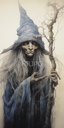 High Resolution: Eerie witch long silver hair sunken eyes tattered blue pointy hat wearing matching robes hand grasps gnarled tree branch download. | HRJPG.com