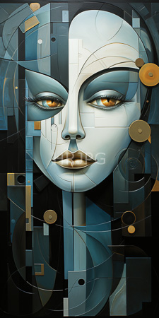 High Resolution: Abstract portrait androgynous pale-skinned face golden eyes dark blue eyeshadow lips painted gold background abstract geometric patterns download. | HRJPG.com