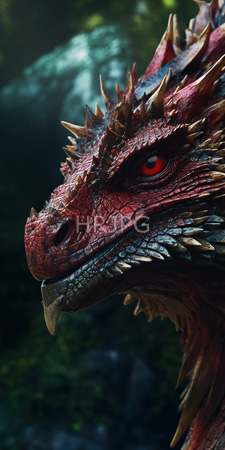 High Resolution: Intense red-scaled dragon sharp golden spikes piercing orange-red eyes profile view blurred green forest background detailed textures download. | HRJPG.com