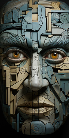High Resolution: Intricately assembled three-dimensional mosaic face geometric shapes blue beige black background eyes with amber irises detailed eyebrows download. | HRJPG.com