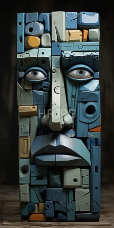 High Resolution: Intricately assembled tall wooden mask sculpture abstract human facial features blue-green wood pieces orange accents large eyes geometric patterns download. | HRJPG.com