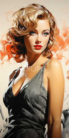 High Resolution: Attractive fair-skinned woman wavy blonde hair bright red lipstick low-cut gray dress reveals ample cleavage blue eyes looking directly download. | HRJPG.com