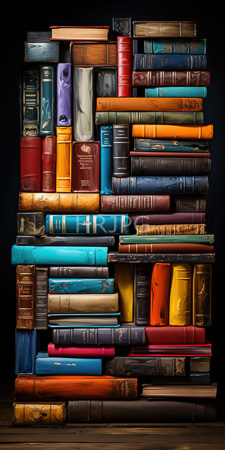 High Resolution: Eclectic tall stack of vintage hardcover books dark background colors reds blues yellows greens worn leather bindings download. | HRJPG.com