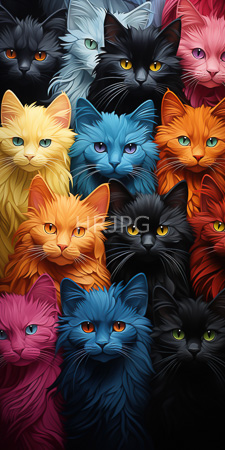 High Resolution: Twelve fluffy long-haired cats vibrant fur colors yellow blue orange black pink various shades hues green yellow eyes download. | HRJPG.com
