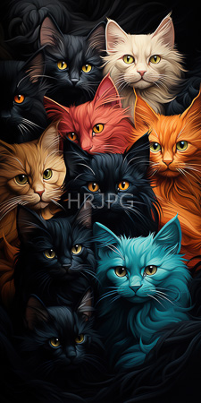 High Resolution: Twelve cats varied fur colors textures black white red-orange blue-green beige-brown furs yellow green eyes dark background swirls download. | HRJPG.com