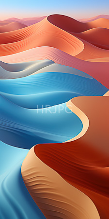 High Resolution: Undulating sand dunes vibrant colors red orange blue beige smooth textures soft sunlight waves of color blend seamlessly azure sky download. | HRJPG.com
