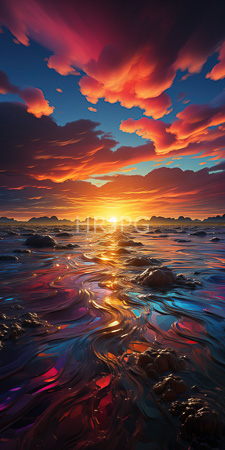 High Resolution: Ethereal sunset over rippling ocean waves vibrant red orange clouds reflecting shimmering water transitions through deep blues purples download. | HRJPG.com