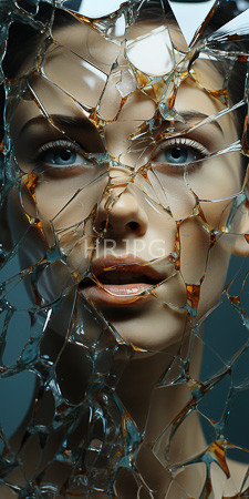 High Resolution: Attractive woman blue eyes light skin full lips behind shattered glass panels face partially visible jagged cracks amber-tinted shards download. | HRJPG.com