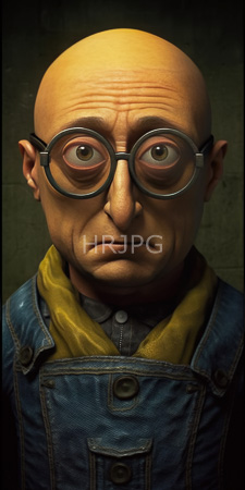 High Resolution: Elderly bald man large round glasses wrinkled skin serious expression wearing blue denim overalls yellow shirt dark green textured background download. | HRJPG.com