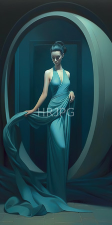 High Resolution: Elegant woman pale skin dark hair updo wearing teal halter gown drapes gracefully circular geometric frames dim blue background download. | HRJPG.com
